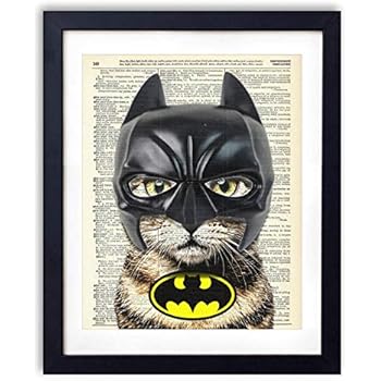 Bat Cat Super Hero Vintage Upcycled Dictionary Art Print - 8x10 inches