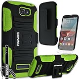 Alcatel OneTouch Fierce 2 / Pop Icon A564C, COVRWARE 3 in 1 Bundle - Heavy Duty Combat Armor Holster Kickstand Case with Locking Belt Swivel Clip [Free HD Film & Aluminum Sensitive Cap Stylus Pen] - NeonGreen