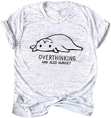 Women's Funny Overthinking Hungry Cat Print T Shirt Round Neck Short Sleeve Tee Tops