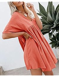 Bigyonger vestido de túnica de manga corta para mujer, cuello en V, plisado