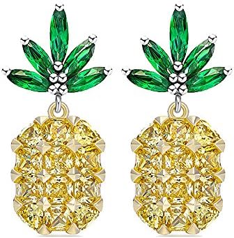Creative Design Woman Gold-Plated Trim Pineapple Puncture Tropical Yellow Zircon Earrings 0.4x1.02 (in)