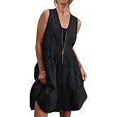 Fisoew Women's Sleeveless Tank Mini Dress Casual Half Zip V Neck Loose Mesh Back Utility Summer Dresses with Pockets