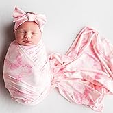 SINCERELY COZY Luxury Rayon from Bamboo Headband & Baby Swaddle for Newborns 0-3 Months, Rose Petal Love Newborn Swaddle Blanket for Baby Girls, Hypoallergenic, Breathable & Buttery Soft