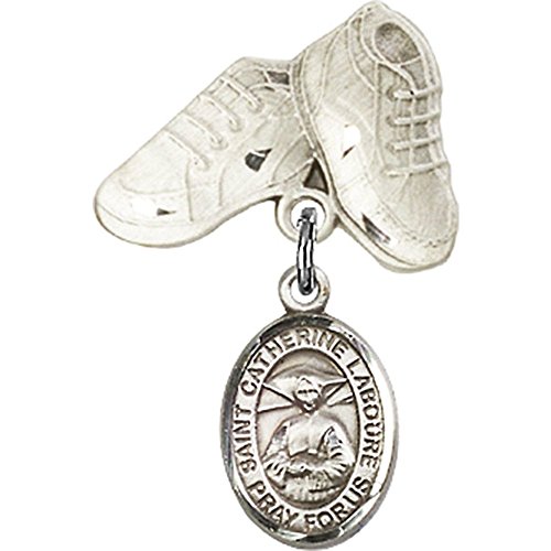 Sterling Silver Baby Badge with St. Catherine Laboure Charm and Baby Boots Pin 1 X 5/8 inches