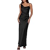 Summer Satin Maxi Dresses for Women 2025 Cowl Neck Ruched Silk Formal Wedding Guest Bridesmaid Slip Dress with Slit