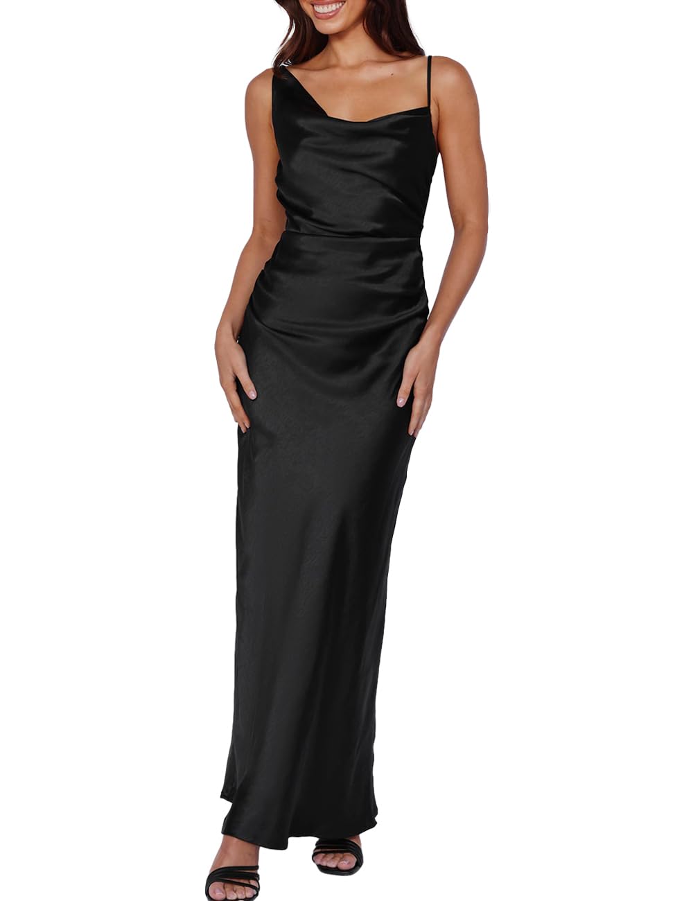 Photo 1 of Summer Satin Maxi Dresses for Women 2025 Cowl Neck Ruched Silk Formal Wedding Guest Bridesmaid Slip Dress with Slit Black