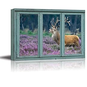 A red Deer in a Field of Purple Blooms - Stag with Large Antlers - Canvas Art Home Art - 24x36 inches