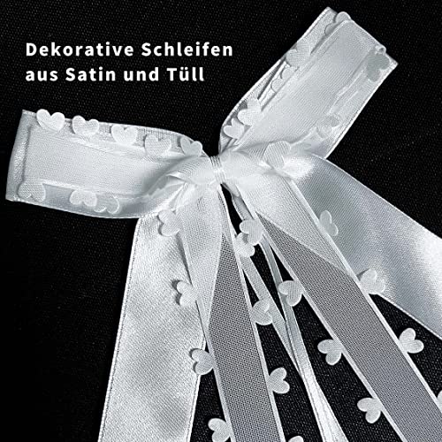 Fesaizwi Pack of 50 Car Bows Wedding - White with Heart Bows Car - Wedding Christmas Bows Wedding Decoration - Handmade Satin Ribbon for Wedding (25 x 15 cm)