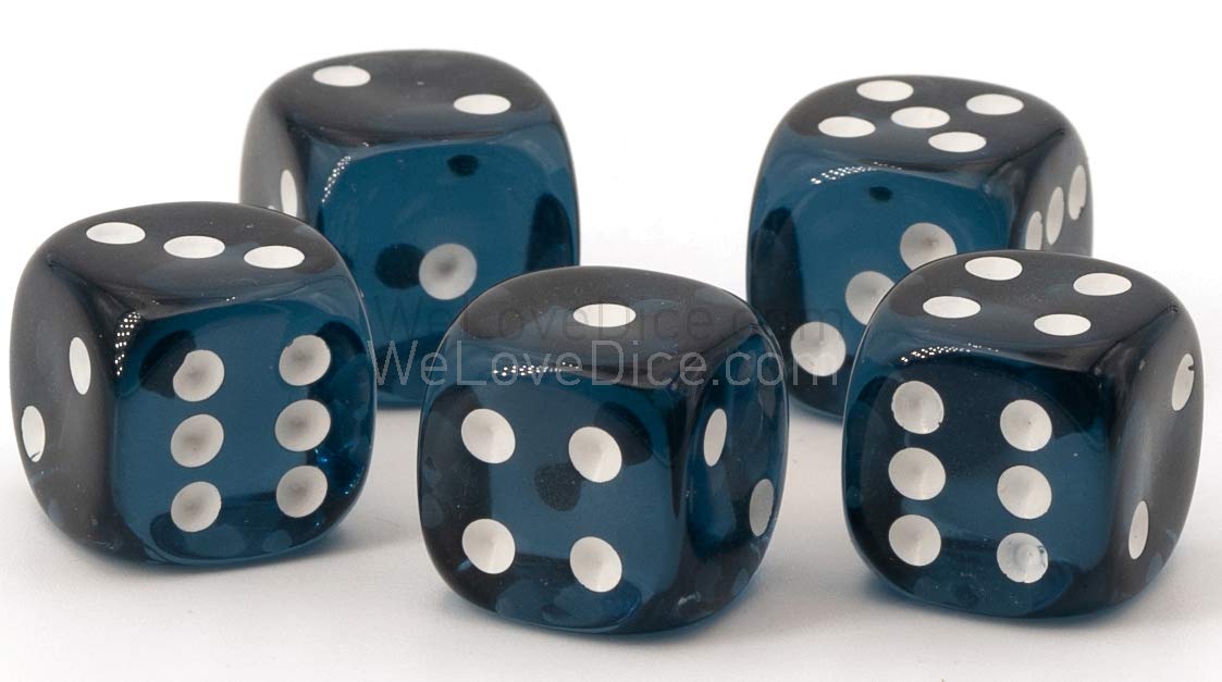 16mm D6 Dice Petrol Transparent/White - Made in Germany! - 5 Pcs