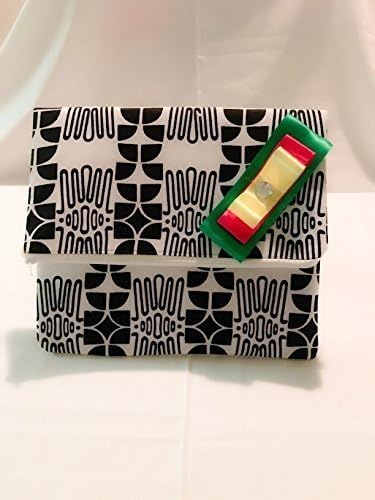 Tribal Black and White Fold Over Clutch Purse with green, red &amp; yellow ribbon flower
