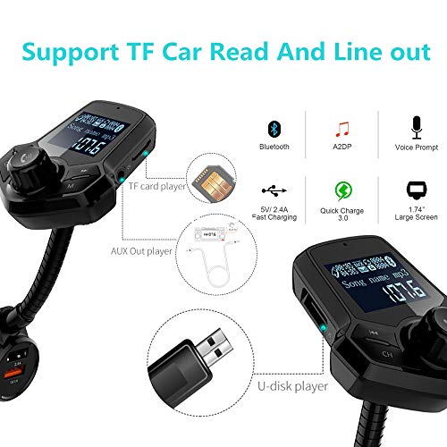 Bluetooth FM Transmitter Car, VIKASI Wireless in-Car Radio Transmitter Adapter Car Kit QC3.0 USB Car Charger, Car MP3 Music Player Support TF Card USB Flash Drive (Black)