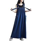 EXPOING Boho Denim Overall Dress for Women Jean Overalls Skirt Jumper Pinafore Dresses Wide Hem Adjustable Straps Oversized