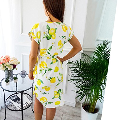 Women Sundress,Summer Short Sleeve V Neck Lemon Print Belted Midi Dresses Side Split (L, White)