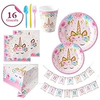 Unicorn Party Supplies Set For Birthday - Set of 16 Including Cake Plates, Cups, Napkins, Tableware, Table Cover, Birthday Banner, Magical Fantasy Birthday Decoration for Girls