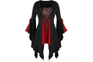 Aniywn Plus Size Womens Halloween Tops, Flare Long Sleeve Sequined Lace Up Gothic Costume Tunic Tee Shirt