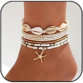 WETMT Shell Ankle Bracelets for Women Boho Gold Pearl Starfish Necklace Adjustable Beaded Puka Shell Anklet Hawaiian Summer Beach Jewelry