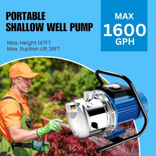 FOTING 1.6HP Shallow Well Pump, Portable Shallow Garden Pump 1600GPH, Stainless Steel Water Transfer Pump for Lawn Farm Garden, Light Blue