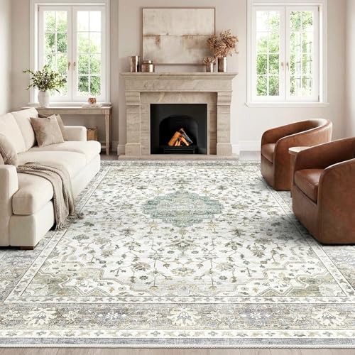 HOMFINE Hell Grün Vintage Teppich Wohnzimmer 120x170 cm - Waschbarer Kurzflor mit Rutschfester Unterseite, weicher Boho Retro für Schlafzimmer Esszimm