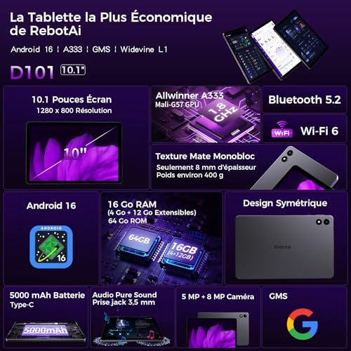 RebotAi 2026 Tablette 10 Pouces Android 16 avec Gemini AI, 16Go RAM + 64Go ROM + 1To TF, Widevine L1/WiFi 6/BT 5.2/5000mAh/Identification Faciale Tablette Tactile