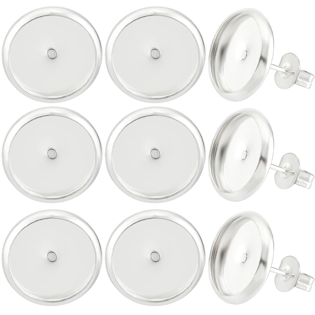 Beebeecraft 1 Box 20Pcs 10mm Cabochon Earring Blanks 925 Sterling Silver Plated Flat Round Bezel Tray Post Cup Stud Earring Findings with 20Pcs Ear Nuts for DIY Jewellery Dangle Earring Making