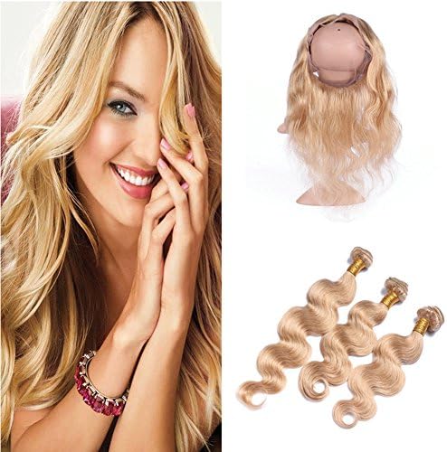 Ruma Hair Body Wave Pre Plucked 360 Full Lace Band Frontal Closure With 3 Bundles Pure #27 Honey Blonde Virgin Peruvian Human Hair Weave With 22.5x4x2'' Full Frontals Natural Hairline (16+16 18 20)