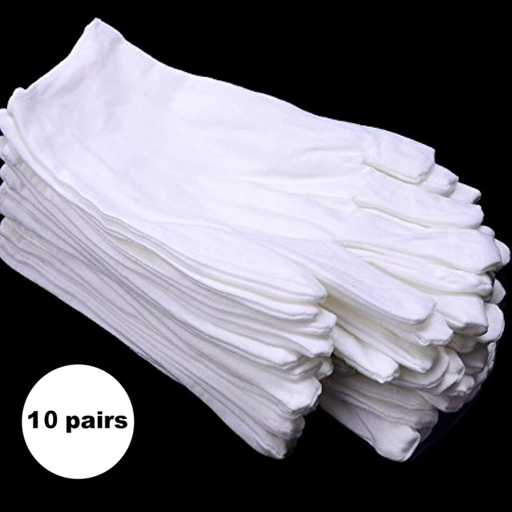 White Cotton Gloves Large for Moisturizing Dry Hands Eczema, Overnight Lotion Spa, 10 Pairs Jewelry Inspection Work Gloves for Men and Women : Beauty