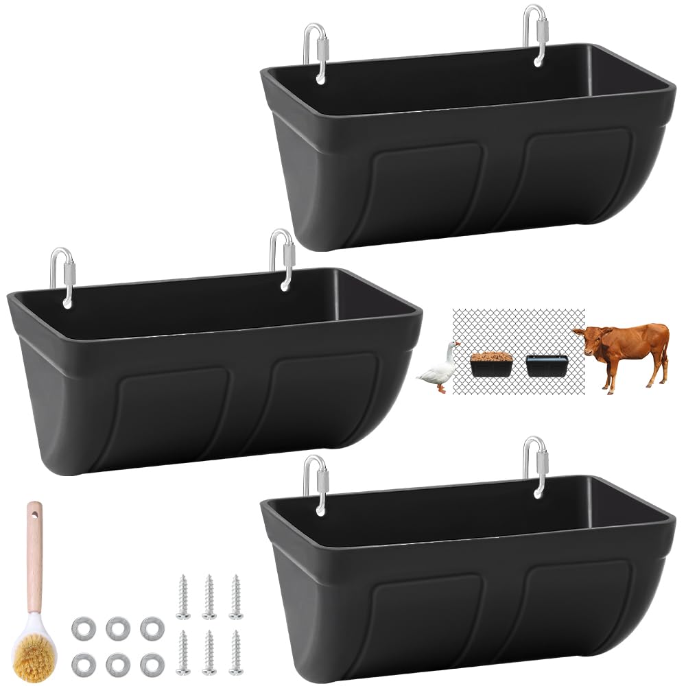 Photo 1 of Hanging Chicken Feeder Trough and Goat Feeder, Sheep Deer Poultry Dogs Deers Gooses Duck Fence, 5 Quart Feeder Supplies Livestock Feeding Container Supplies Feeders Waterer Bucket, 3pack Black
