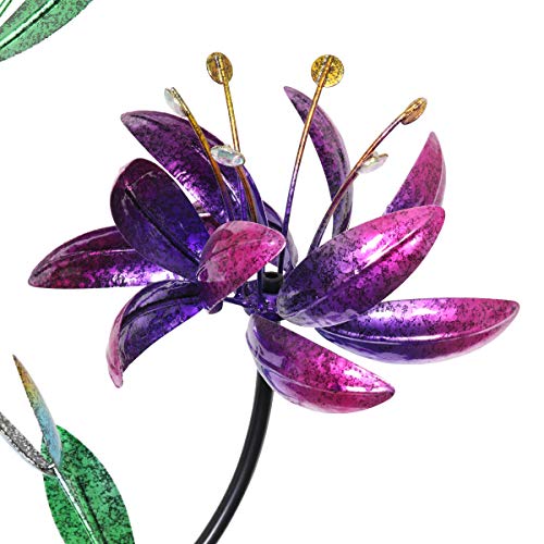 Exhart Triple Lotus Flower Wind Spinners Garden Stake w/Solar Crackle