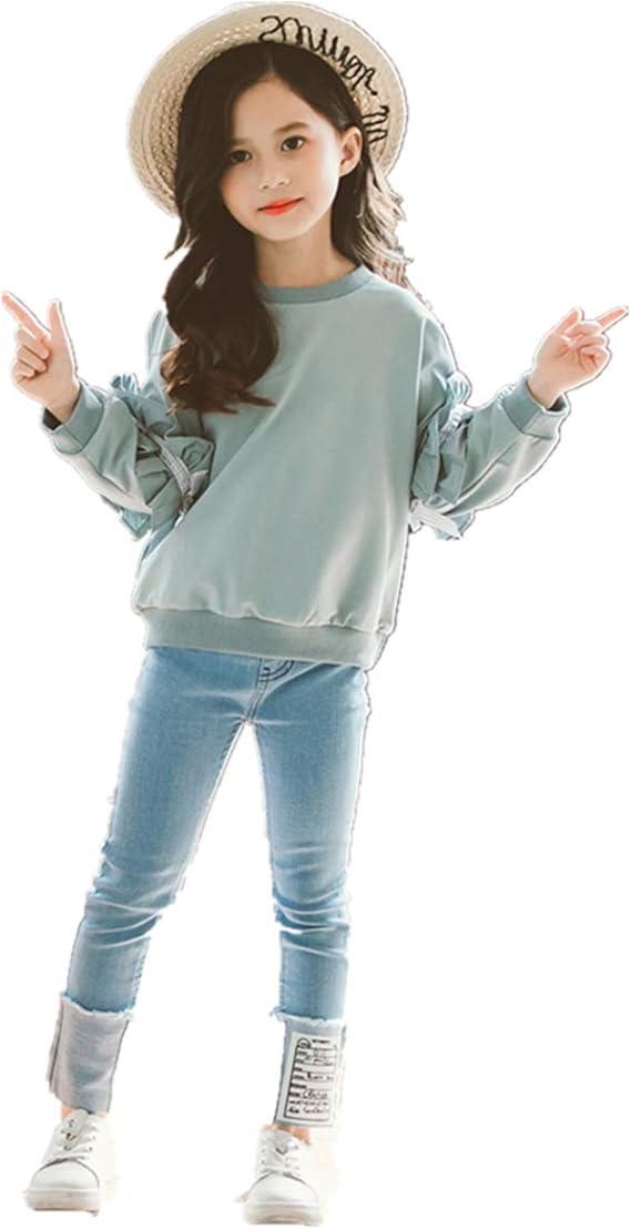 Amazon 子供服 セットアップ 女の子 長袖 春秋 秋着 上下セット 韓国子供服 キッズ ジュニア Tシャツ デニムパンツ 長ズボン 可愛い おしゃれ 小学生 通学着 新品 パンツ 通販