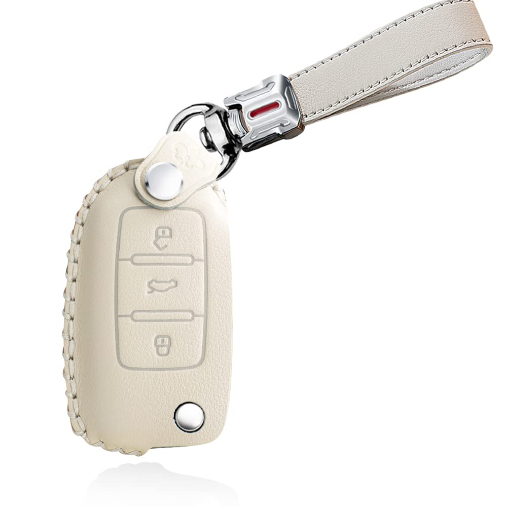 HIBEYO Flip Key Suitable for Skoda Car Key Case Leather Protective Case for VW Polo Beetle Skoda Superb Octavia Seat Leon 3-Button Remote Key Flip Key Case Key Box White