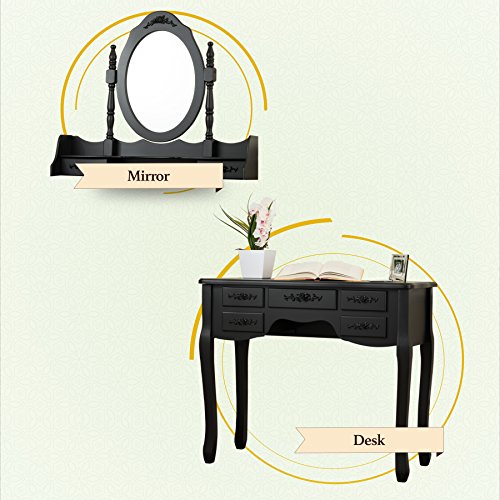 Fineboard FB-VT03-BKV Stool & Mirror Makeup 7 Organization Drawers Single Oval Mirror Make Up Vanity Table Set, Black