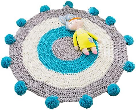 Leavenus Handmade Play Rug with Balls for Children's Room (Blue/White/Gray)