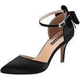 ERIJUNOR Wedding Evening Party Shoes Comfortable Mid Heels Pumps with Bow Knot Ankle Strap Wide Width Satin Shoes