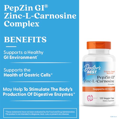 DOCTOR’S BEST PEPZIN GI, ZINC-L-CARNOSINE COMPLEX FOR MEN & WOMEN – ZINC CARNOSINE SUPPLEMENT CAPS FOR GUT HEALTH, DIGESTIVE SUPPORT, & STOMACH COMFORT, VEGAN, GLUTEN FREE – 120 VEG CAPSULES