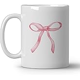 JKMBN Pink Bow Coffee Mug, Cute Girly Ceramic Coffee Mugs Gifts for Women Girls, Preppy Coquette Ceramic Cup, 11oz White