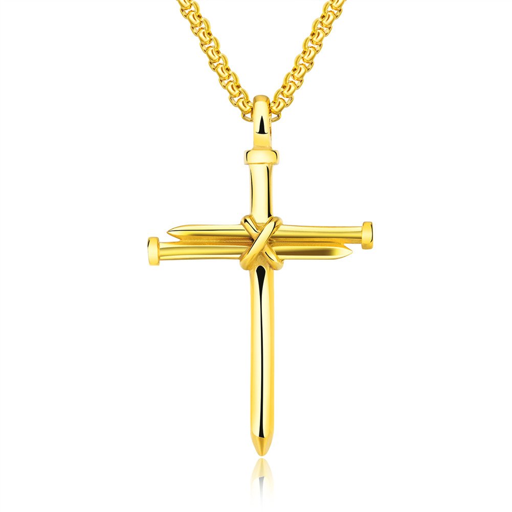 HIJONES Men's Stainless Steel Gold Plated Nail Cross Charm Pendant Necklace Chain Polished — image 1