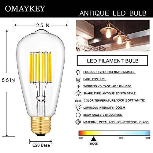 OMAYKEY 10W Dimmable LED Edison Bulb 3000K Soft White Glow, 100W Equivalent 1000 Lumens, E26 Medium Base Vintage ST64 Edison Style Clear Glass LED Filament Light Bulb, Deep Dimming Version, 3 Pack - Thumbnail 2