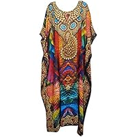 Mogul Interior Womens Caftan Maxi Dress Jewel Print V-Neck Beach Resort Wear One Size