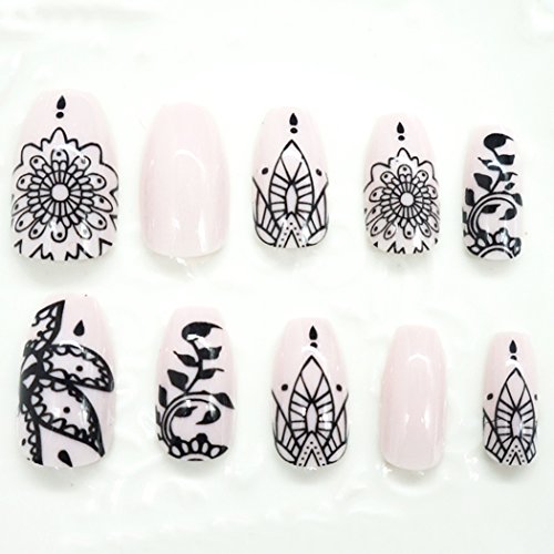 Yean Coffin False Nails Pink Flower 24Pcs/Set Fake Nails Full Cover Medium Long Stilleto with Design Nail Tips Press on Nails with Glue and Adhesive Tab for Women and Girls