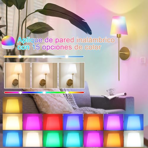 2 PCS lámparas de pared recargables, bombillas regulables desmontables y control remoto, 15 colores Aplique de pared inalámbricas para dormitorio Salón Pasillo (oro)