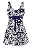 MiYang Women's Bowknot Printing Skirt Spa Swimsuit Padded Bathing Swimwear, Navy(one piece), X-Large(US Size14-16)