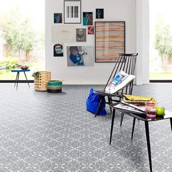 Victorian Tile Effect Vinyl Flooring Grey Cushioned Sheet Lino