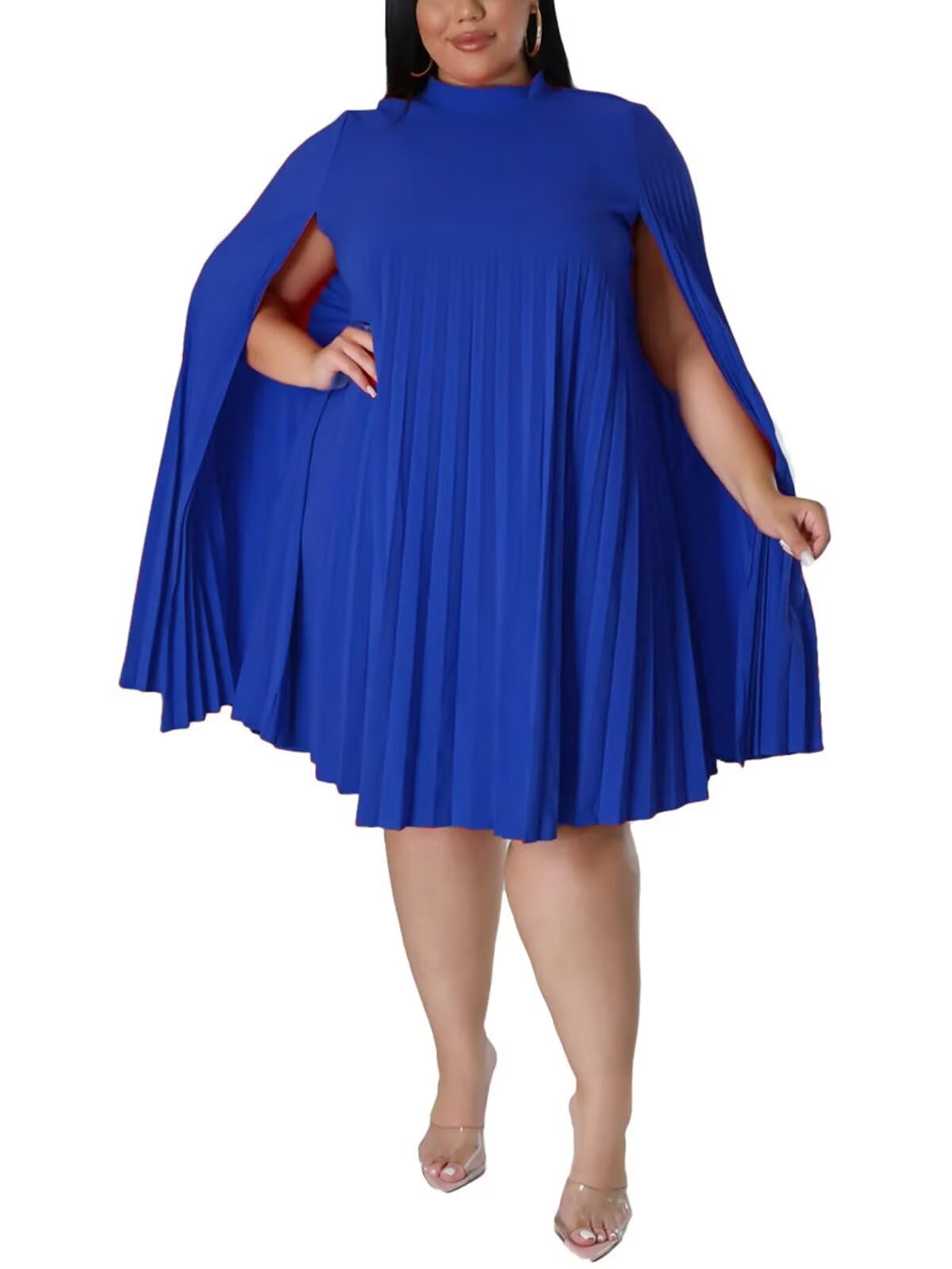Photo 1 of KEYUFANG Women’s Stand Collar Long Sleeve Cape A-Line Dress Oversized Loose Fit Evening Dress Blue 2XL