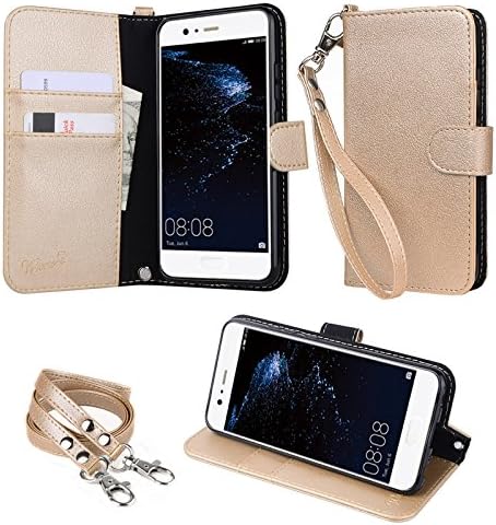 wisers Huawei P10 VTR-L29 5.1" 5.1-inch Cell Phone Wallet Case Book Design with Hand Strap, Neck Strap, Card Slots and Kick Stand, Gold