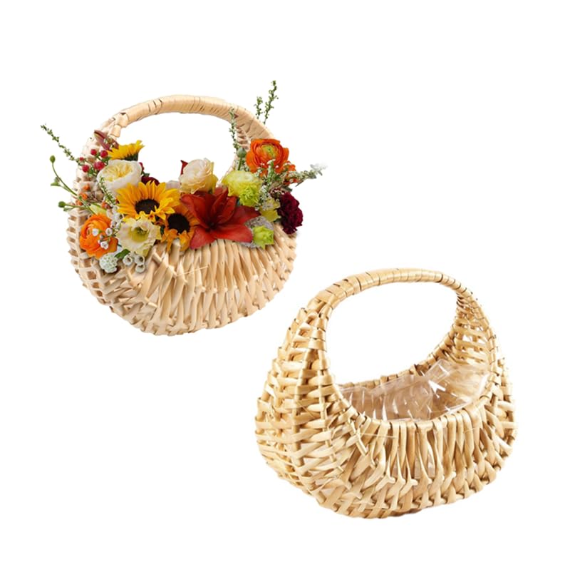 2-Pack portable wicker flower basket, hand woven flower pot, wedding flower basket, suitable for picnic family garden decoration