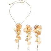 SAVNOJW Dainty Gold Ginkgo Leaf Jewelry Sets for Women Trendy Long Tassel Y Necklaces Dangle Earrings, Boho Y2K Statement Silver Petal Earring Choker Party Gifts