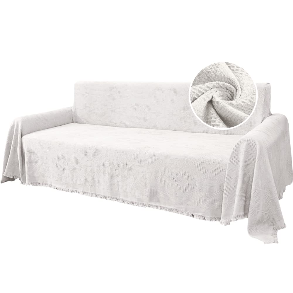 Photo 1 of H.VERSAILTEX Cotton Sofa Covers Couch Cover Sofa Slipcover for Most Shape Sofas, Feature Thick Woven Jacquard Seamless with Tassels, Multi-Use Decorative for Couch (XX-Large: 91" x 134", White)