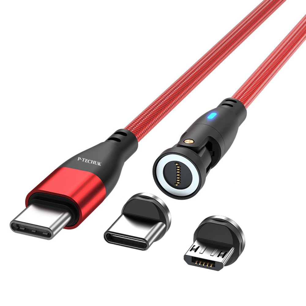P-TECHUK 60W Rotating Super Fast USB C Magnetic Charging Data Cable, Fast Charging Cable compatible with all Devices. A18 Red (1M Cable, 3 x Tips)