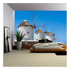 Traditional White Greek Windmills Popular Tourist Destination on Mykonos Island, Greece, Europe - Removable Wall Mural | Self-Adhesive Large Wallpaper - 66x96 inches