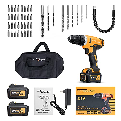 SALEM MASTER Cordless Drill Driver 2 Batteries, 21V MAX Impact Drill 3/8 Inch Chuck, 29N.M